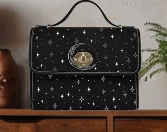 Minimalist Cute Moon Purse, Witch Herbal Canvas Satchel bag Diamond Sparkles, Women cross body purse, vegan hand bag, boho Cottagecore