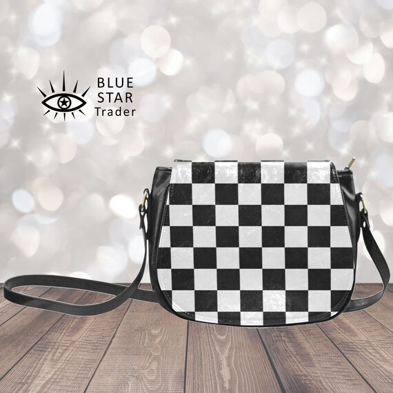 Black White Checkered Saddle Bag Purse Vegan Saddlebag 