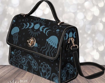 Jellyfish Canvas Bag, Shoulder Strap, Ocean Life Shoulder Bag, Cute women cross body purse Moon Phases, Sea Life