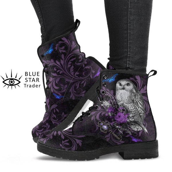 Gothic Stiefel, Lila Eulen, Herren Springerstiefel, Damen Stiefeletten Floral