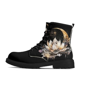Zwarte laarzen Dark Moon en lotusbloem, luxe gothic-laarzen, steampunk, gevechtslaarzen, heren-dames