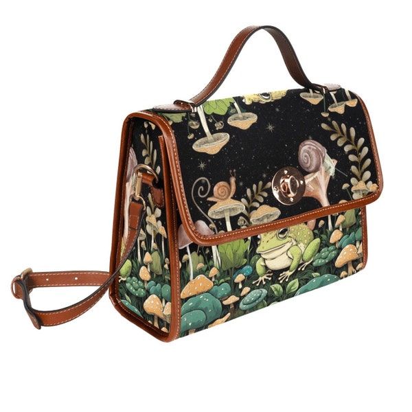Toad and Mushrooms Black Purse, Cottagecore Canvas Satchel bag, Cute women cross body purse, shoulder strap hand bag