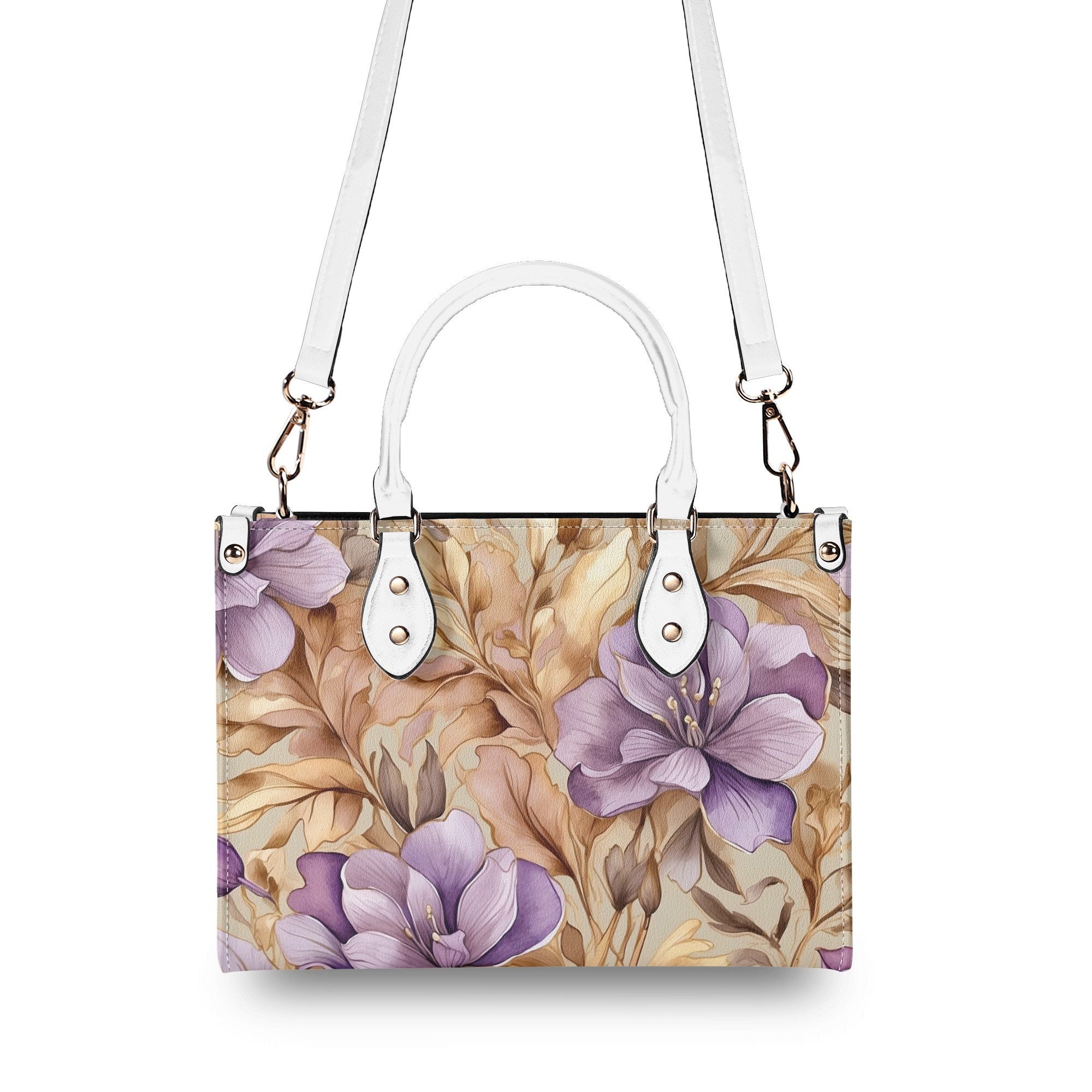 Elegant Light Purple Floral Purse, Lavender Tan Flowers Vegan Leather Hand Bag