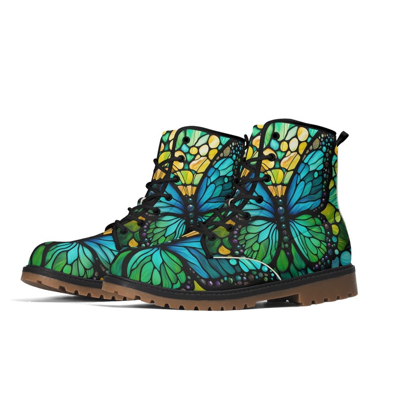 Blue Green Butterfly Combat Boots, Women's Lace Up Boots Stained Glass, Men's Ankle Boots, Shoes, Luxe Paxton Boots