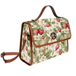 Cute White Strawberries Purse, Strawberry Canvas Satchel bag, Kawaii womens cross body Bag