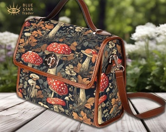 Bolso de hombro con estampado de setas, bolso satchel de lona, bolso de bruja bandolera roja, correa ajustable de cuero vegano lindo bolso Dark Cottagecore