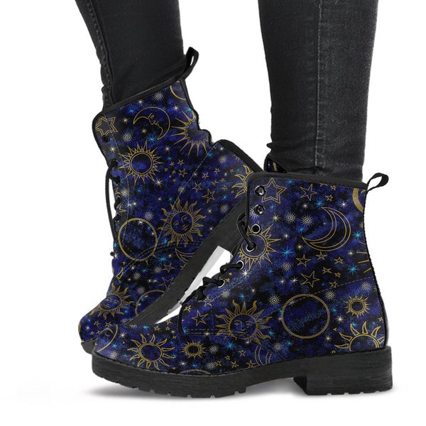 Blue Celestial Night Sky Vegan Witch Boots | Men's Pagan Combat Boots | Womens Ankle Boots | Wicca Boots Suns Moons Stars Galaxy Wicca