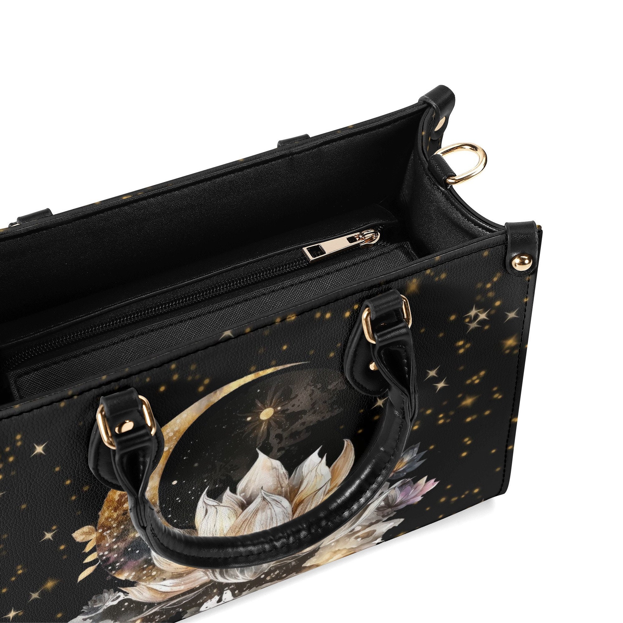 Witchy Lotus and Crescent Moon Faux Leather Purse, Cute women Hand Bag