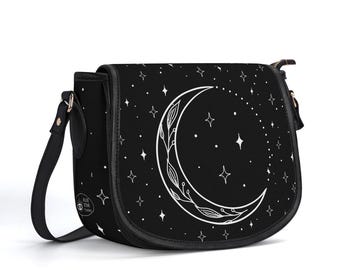 Crescent Moon Purse, Witchy 10 Inch Saddlebag, Black White Crossbody Bag | Shoulder Bag