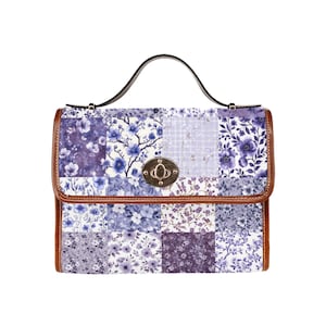 Purple Lavender Toile Floral Patchwork Canvas Satchel bag, floral cross body purse, Spring handbag