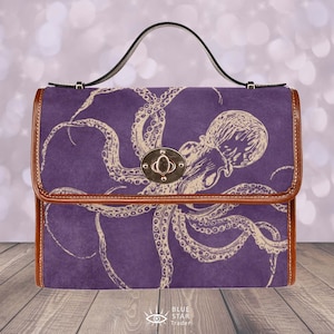 Purple Octopus Purse, Gothic Canvas Satchel bag, Steampunk cross body purse, cute vegan strap hand bag