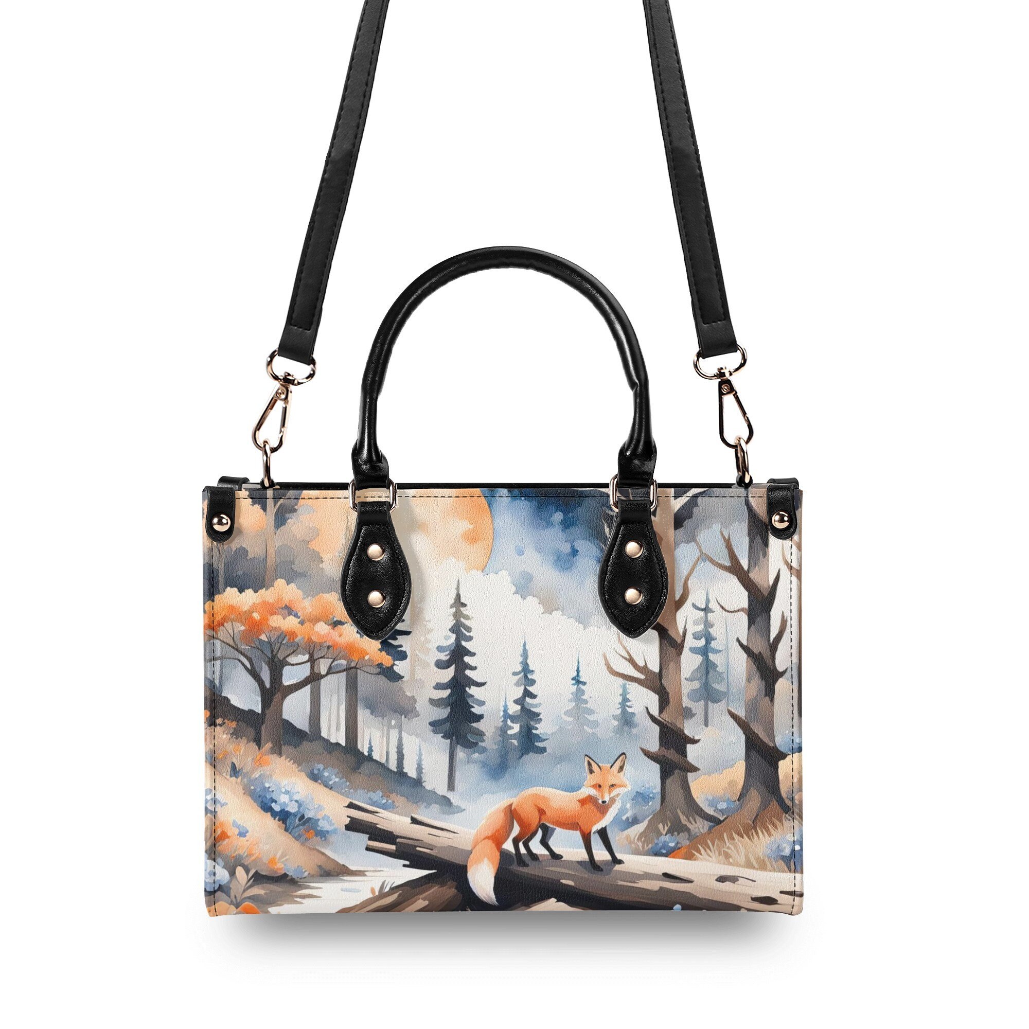 Elegant Orange and Blue Fox Purse, Vegan Leather Cottagecore Handbag