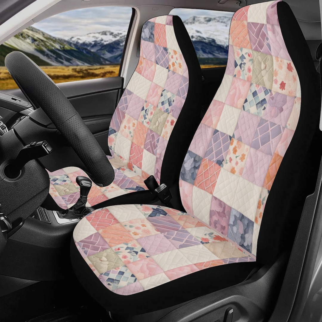 Pastel Pink Boho Patchwork Car Seat Covers Set, Faux Quilted Printed