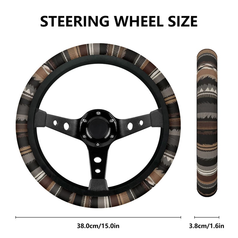 May include: Black steering wheel with a patterned cover in shades of brown, gray, and beige. The text "STEERING WHEEL SIZE" is at the top. The wheel measures 15.0 inches in diameter and 1.6 inches in width.