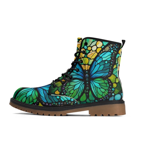 Size Womens 9 - Blue Green Butterfly Combat Boots, EU40 Women's Lace Up Boots Stained Glass, Men's Ankle Boots, Shoes, Luxe Paxton Boots