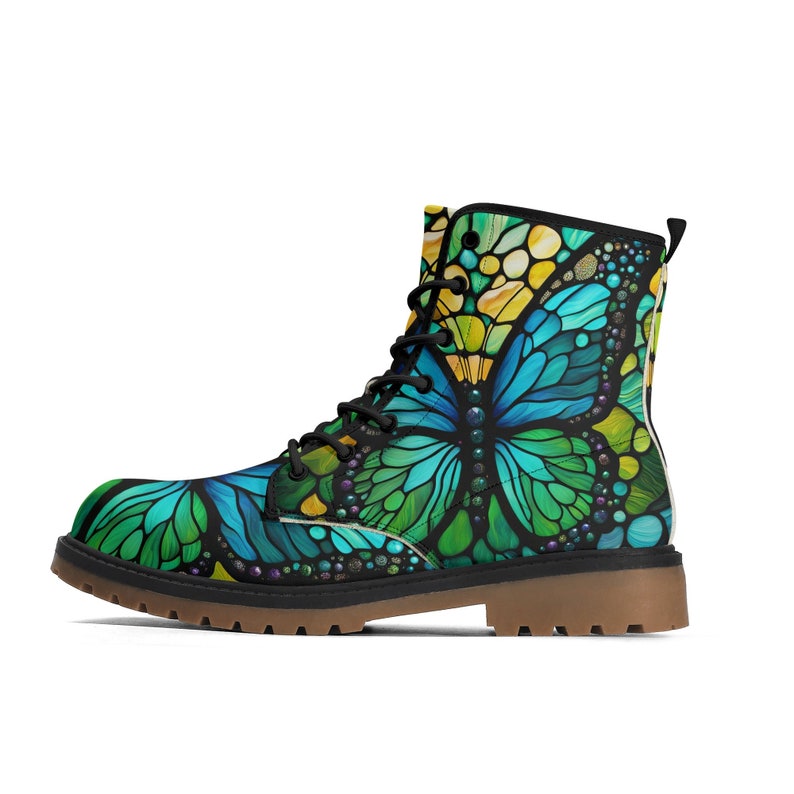 Blue Green Butterfly Combat Boots, Women's Lace Up Boots Stained Glass, Men's Ankle Boots, Shoes, Luxe Paxton Boots