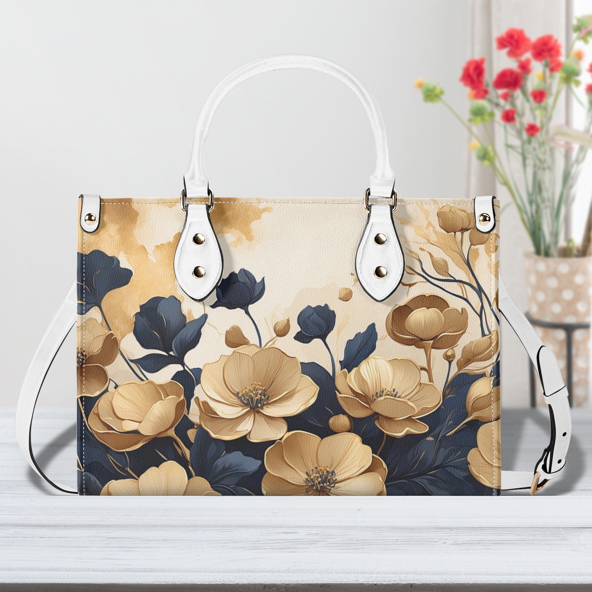 Elegant Blue Flowers Purse, Floral Faux Leather Hand Bag, Unique Womens Shoulder Bag