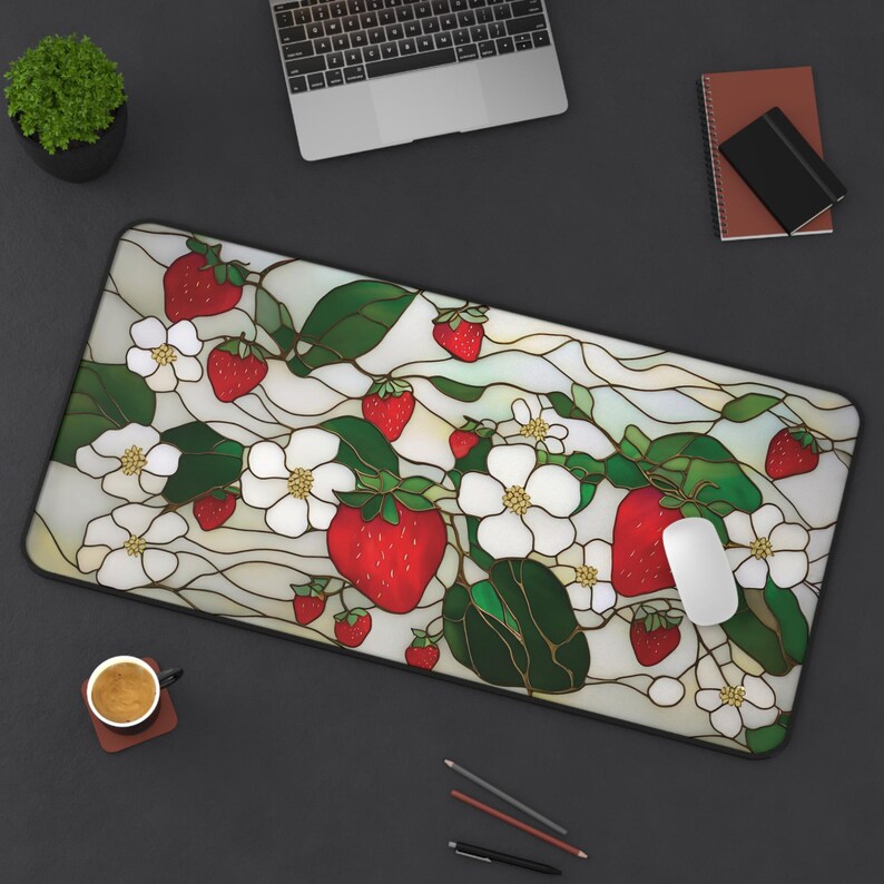 Strawberry Blossoms Desk Mat | Floral Gaming Pad, Cute Faux Stained Glass Fruit Design image 7