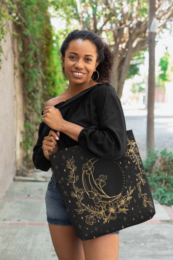 Cute Flower Moon Witch Tote Bag, Cottagecore Grocery Bag, Reusable Shopping Bag, Black Witch Bag Pagan Tote