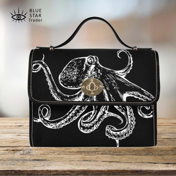 Black Octopus Purse Goth Bag Black Shoulder Bag Gothic Canvas Satchel Bag Steampunk Crossbody Purse Cute Vegan Strap Kraken Handbag