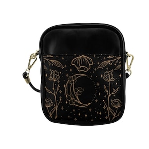 Black Moon Flowers Mini Vegan leather Sling bag, Floral Witch small crossbody bag Cute cottage Witch PU leather mini phone purse