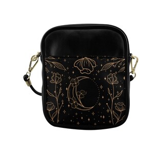 Mini sac bandoulière en cuir végétalien fleurs de lune noir, petit sac à bandoulière sorcière floral Mini sac à main pour téléphone en cuir PU cottage sorcière