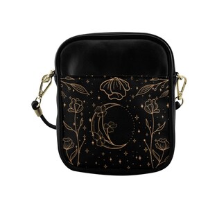 Black Moon Flowers Mini Vegan leather Sling bag, Floral Witch small crossbody bag Cute cottage Witch PU leather mini phone purse