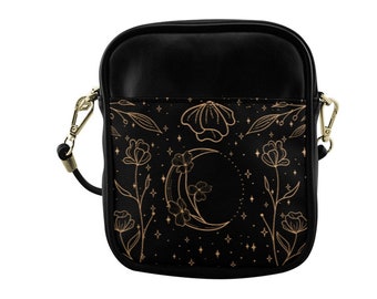 Black Moon Flowers Mini Vegan leather Sling bag, Floral Witch small crossbody bag Cute cottage Witch PU leather mini phone purse