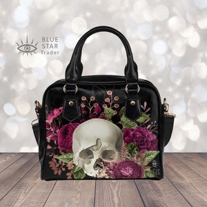 Tattoo Skull Girl Gothic Shoulder Handbag, Goth Gothic Skull Red Rose Purse, Christmas Gifts, Gothic Gifts for Women, Goth Sugar Skull Bag