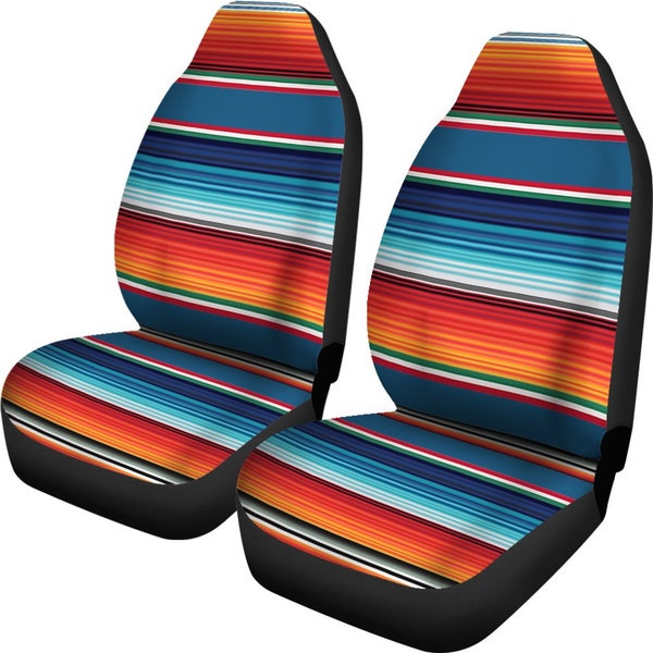 Mexican Blanket Blue Orange Car Seat Covers (Set of 2) Baja Car Accessory, Vehicle Seat Protectors, Boho Serape Auto Accessories