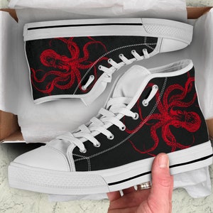 Black and Red Octopus High Tops Men's Women's Ankle Shoes Black Sneakers Steampunk Kraken Design