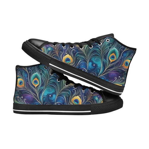 Peacock Feather Floral Pattern Print Black Sneaker Shoes For Men Women