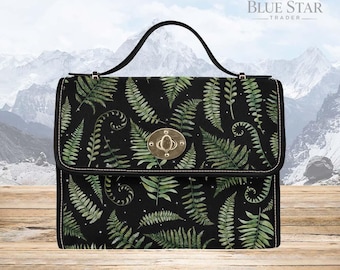 Boho Fern forest Black Canvas Satchel bag, Green crossbody purse, Cute Vegan leather strap Dark Cottagecore adjustable strap handbag
