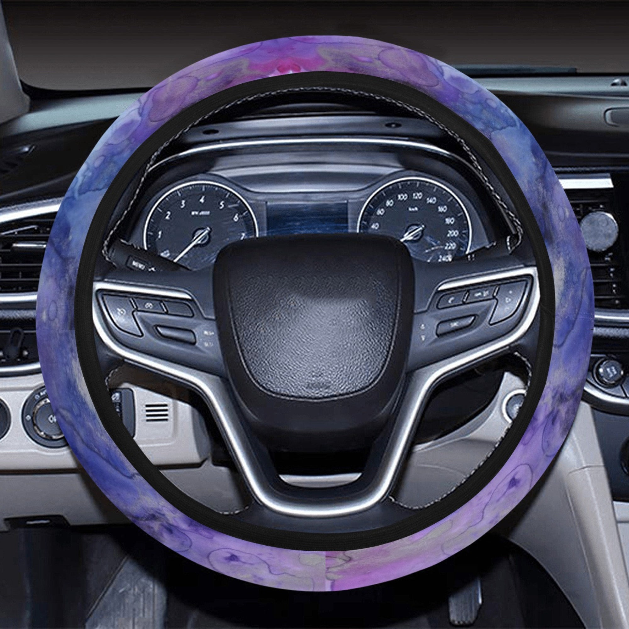 Purple Artistic Ink Car Steering Wheel Cover With Elastic Blue Watercolor