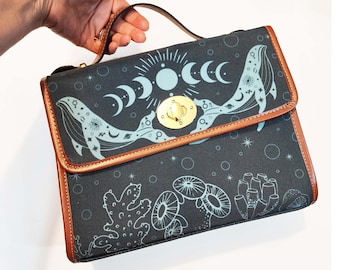 Blue Whale Canvas Satchel Purse, Shoulder Bag, Witchy Ocean Bag, Cute women cross body purse Cottagecore Moon Phases