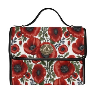 Sac à main fleur de pavot rouge, sac cartable en toile, sac à bandoulière bohème floral printemps-été pour femme, fleur de naissance d'août image 1