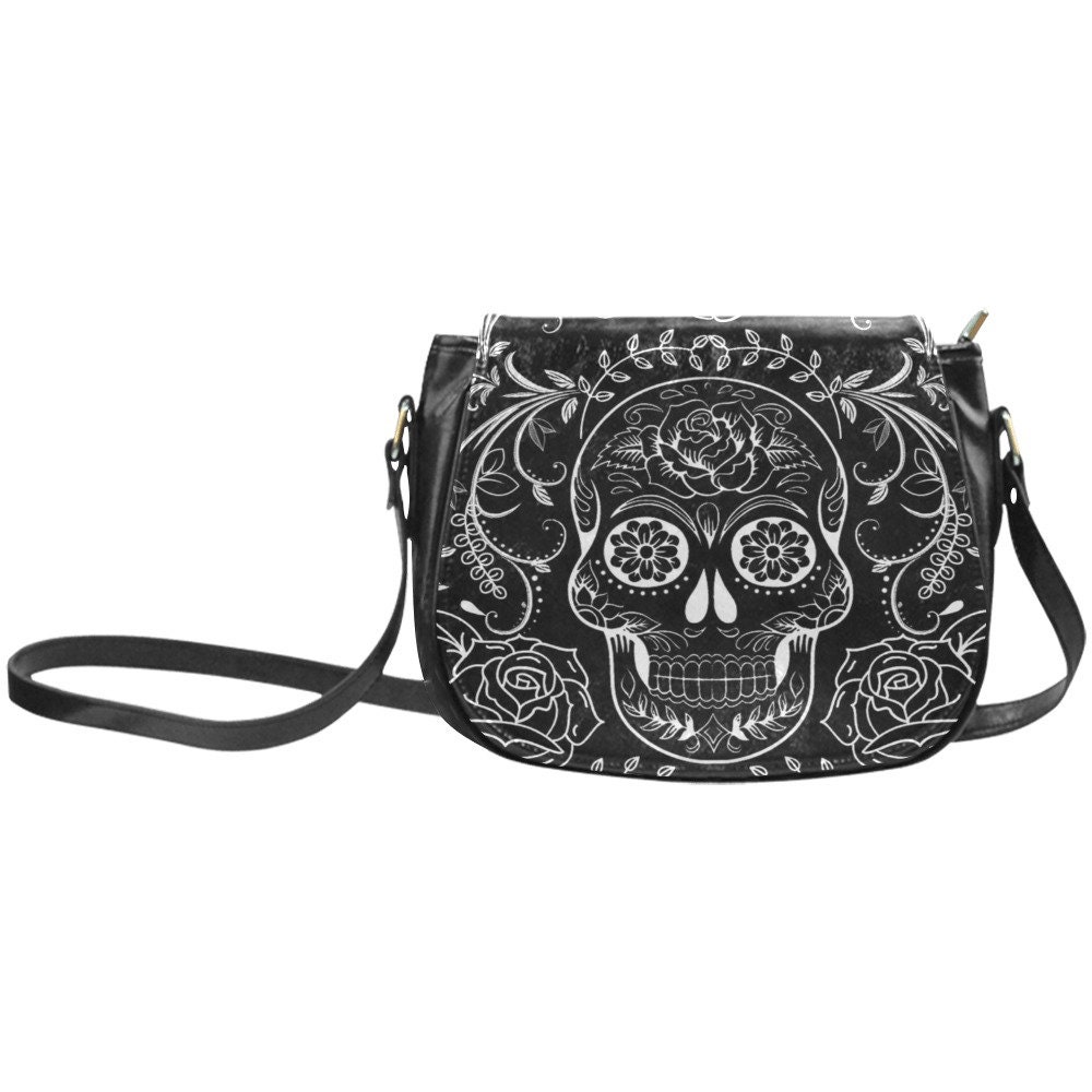 Sletend Gothic Skull Flowers Sling Bag Small Crossbody Bag For Women Men,  Mini Messenger Bag Shoulder Handbag With Adjustable Straps