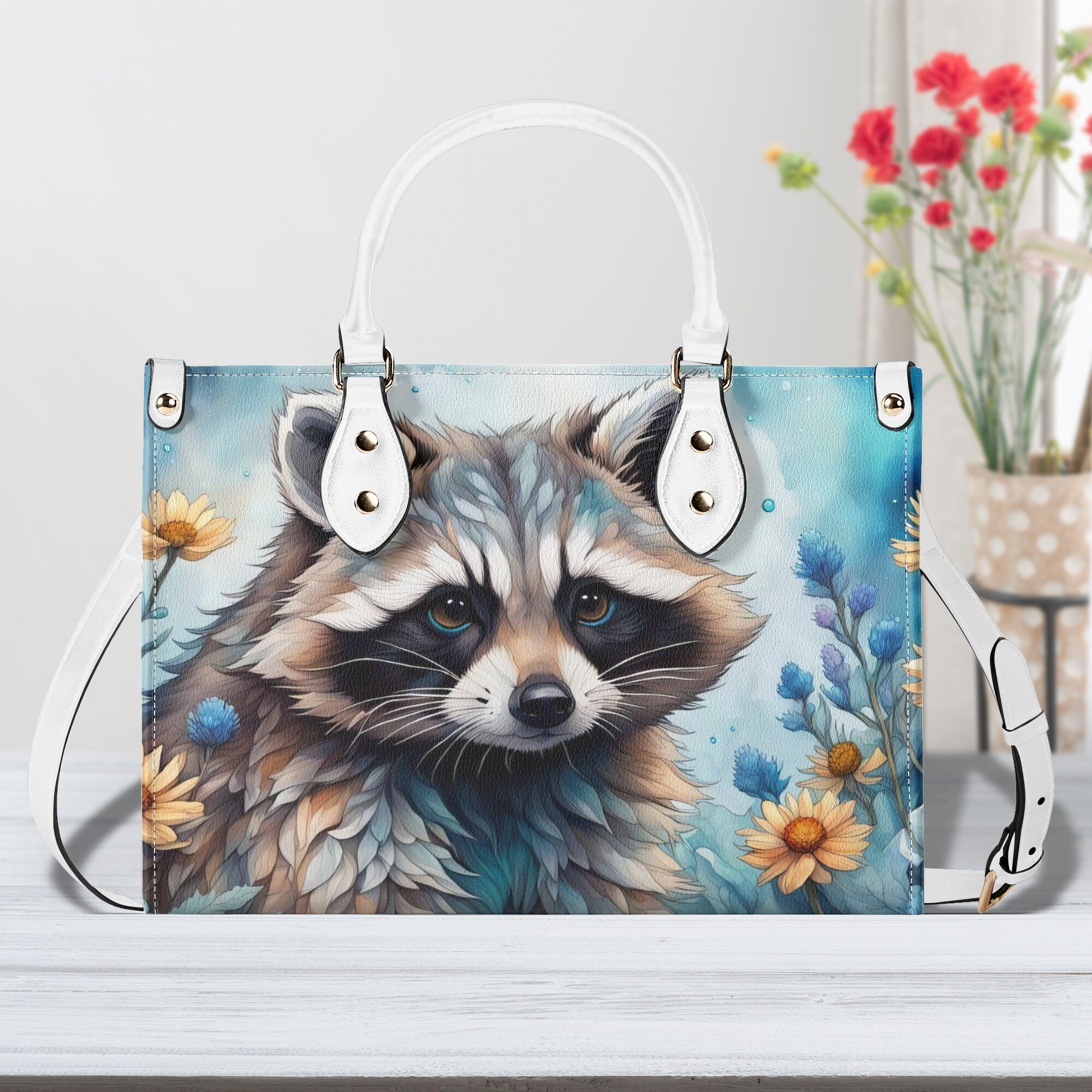Raccoon Luxury Purse, Blue Cheerful Vegan Leather Cottagecore Handbag