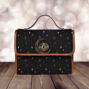 Elegant Moon and Stars Witch Canvas Satchel bag, Diamond Sparkles, Women cross body purse, vegan hand bag