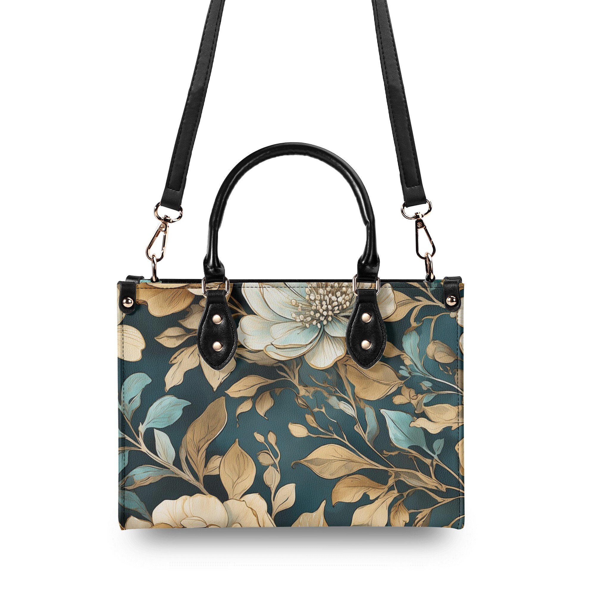 Elegant Teal Floral Purse, Blue Green Tan Flowers Vegan Leather Hand Bag