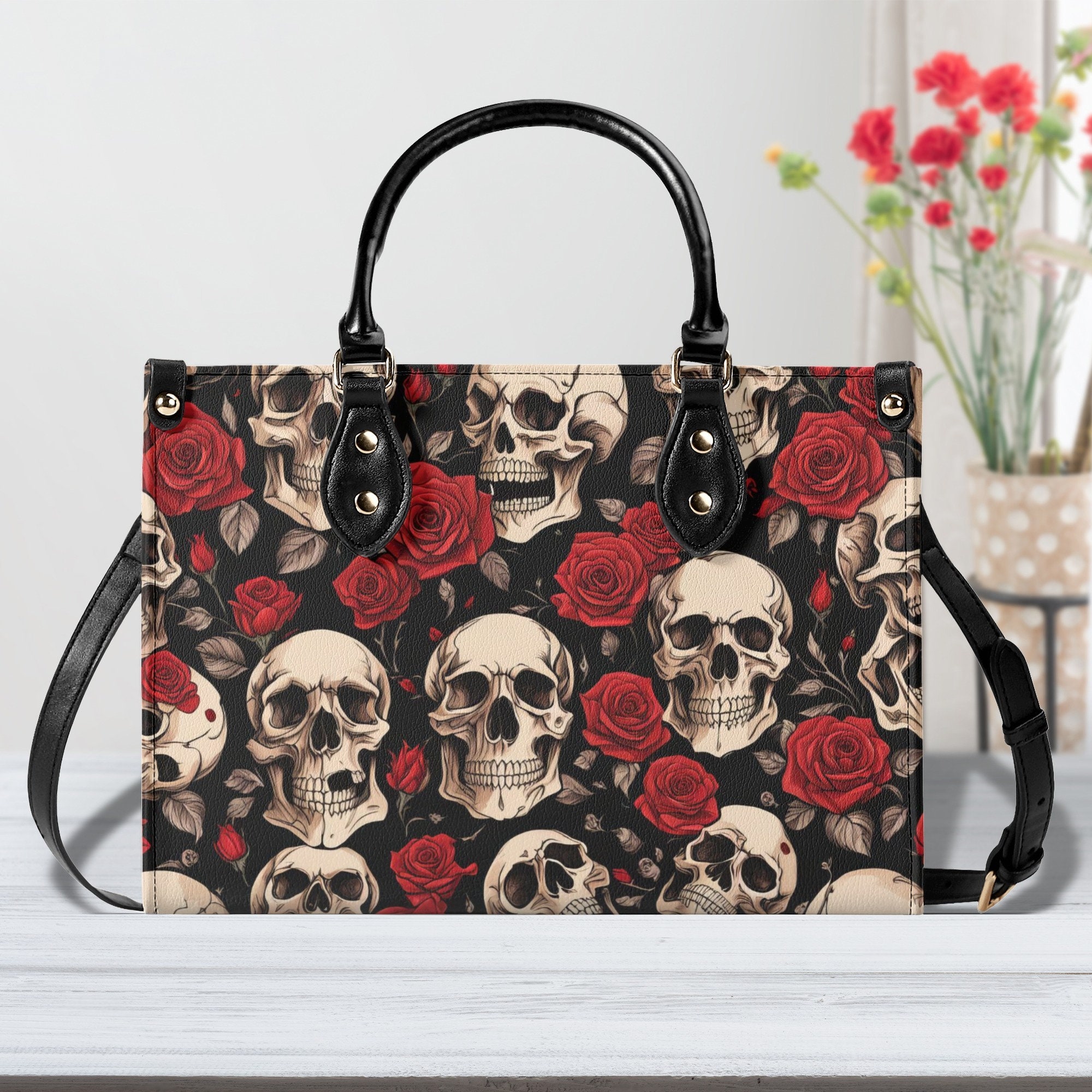 Goth Skulls and Red Roses Purse Handbag, Faux Leather Luxury Hand Bag