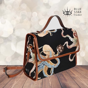 Gothic Octopus Canvas Satchel bag, Steampunk cross body purse, cute vegan strap hand bag, Unique Watercolor Design