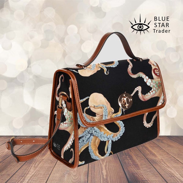 Gothic Octopus Canvas Satchel bag, Steampunk cross body purse, cute vegan strap hand bag, Unique Watercolor Design