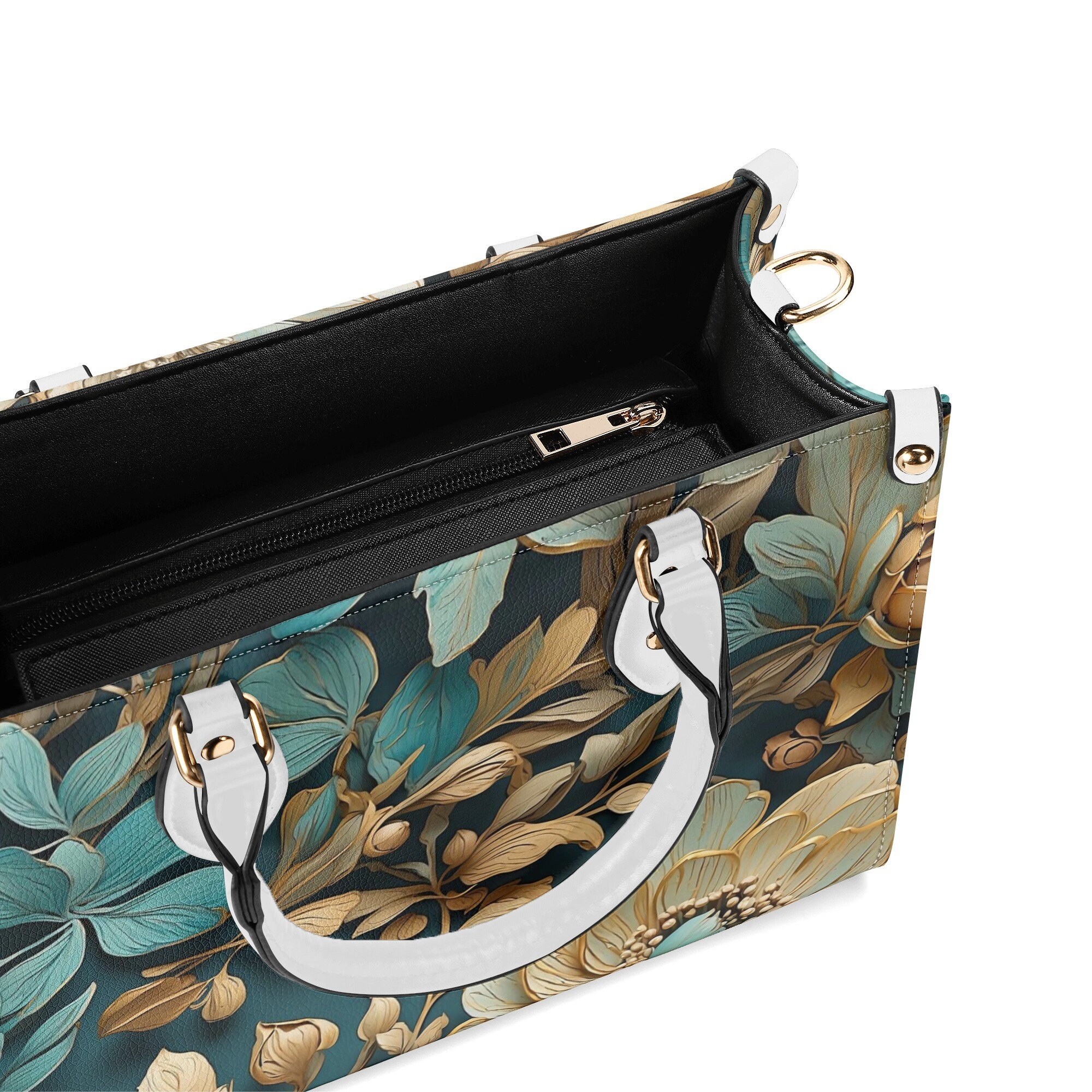 Elegant Teal Floral Purse, Blue Green Tan Flowers Vegan Leather Hand Bag