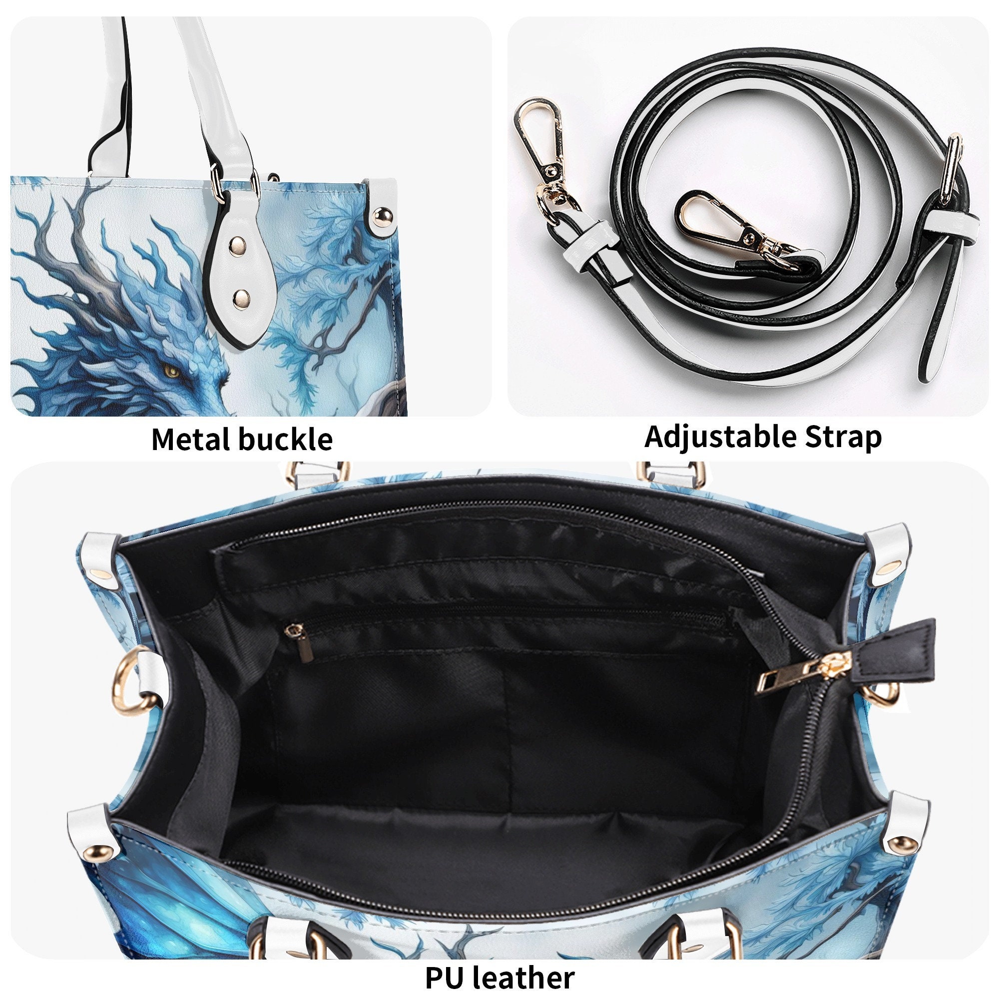 Blue Ice Dragon Handbag Purse, Winter Faux Leather Bag, Unique Fantasy Womens Shoulder Bag