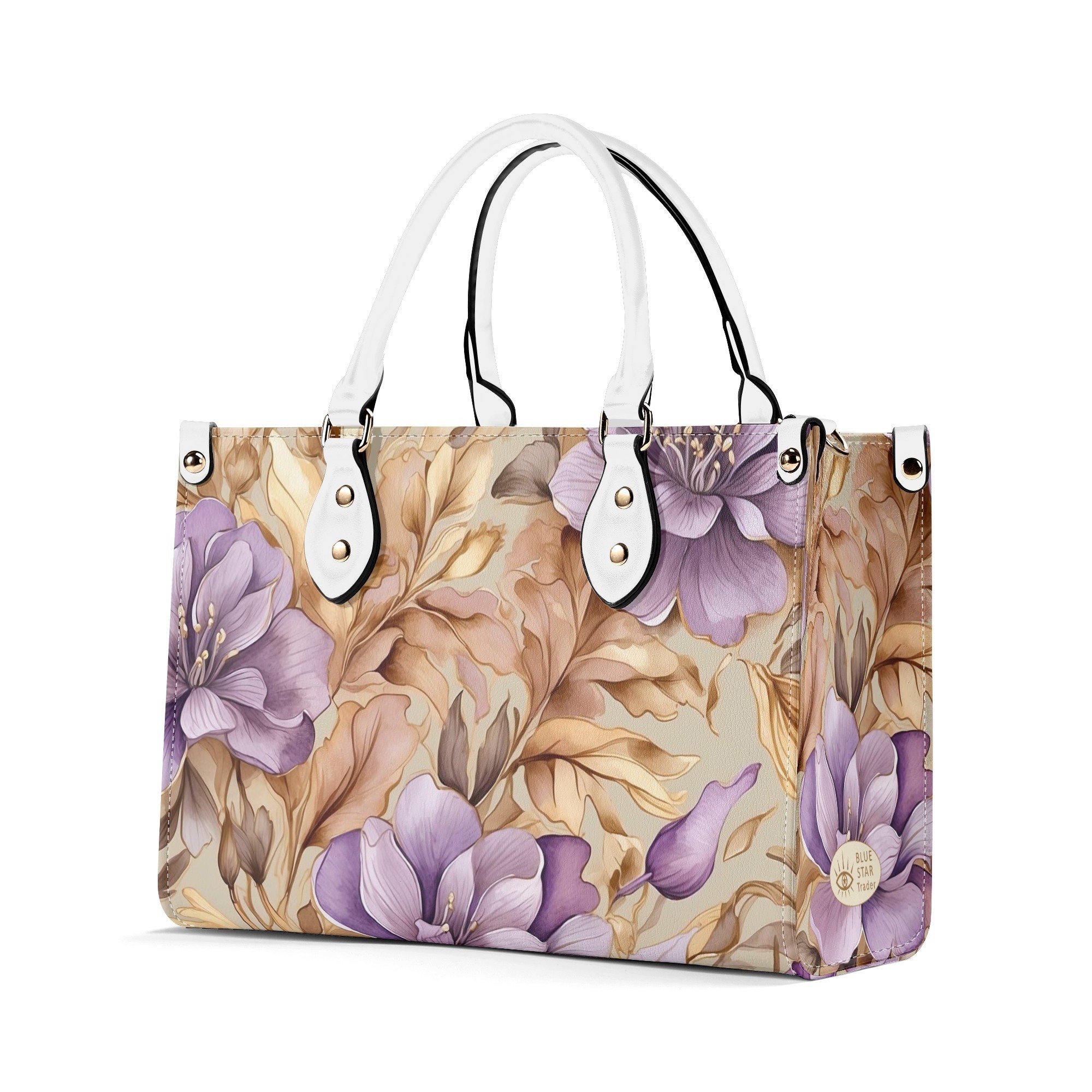 Elegant Light Purple Floral Purse, Lavender Tan Flowers Vegan Leather Hand Bag