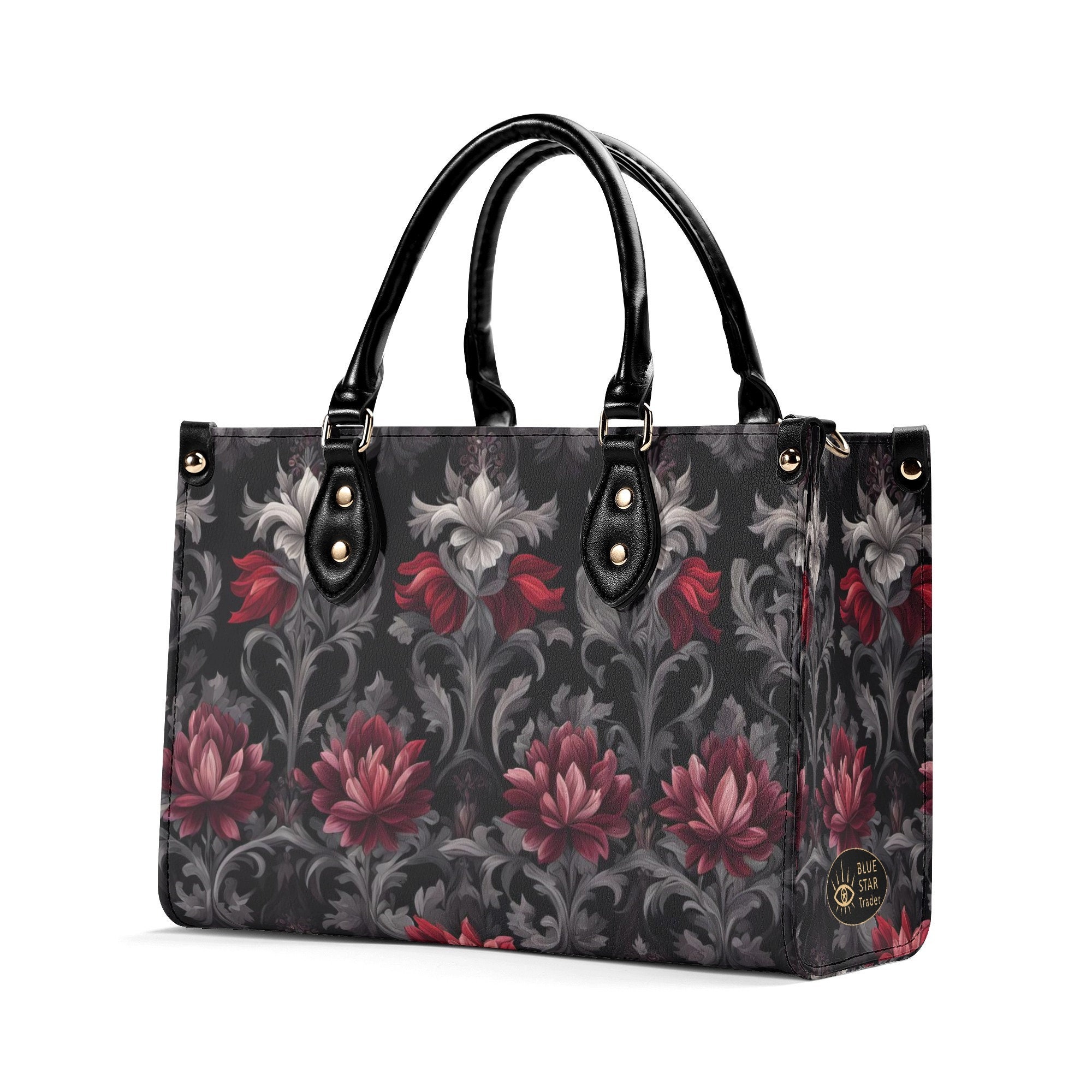 Midnight Peony - Goth Red Flowers Purse, Floral Faux Leather Hand BaG