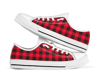 Red Buffalo Plaid Low Tops Men's Women's Shoes Red Checkered Sneakers Lumberjack Pattern White Accents