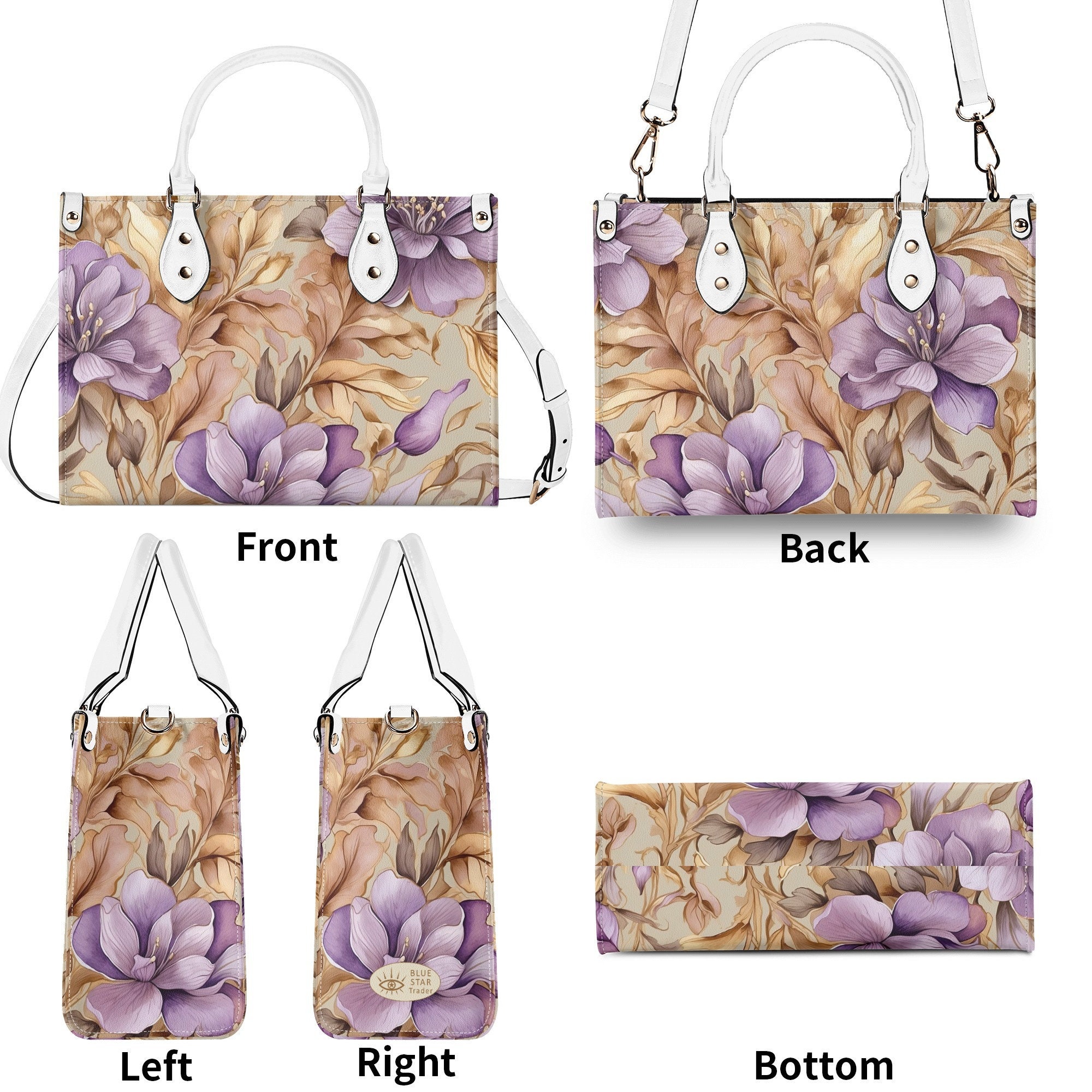 Elegant Light Purple Floral Purse, Lavender Tan Flowers Vegan Leather Hand Bag