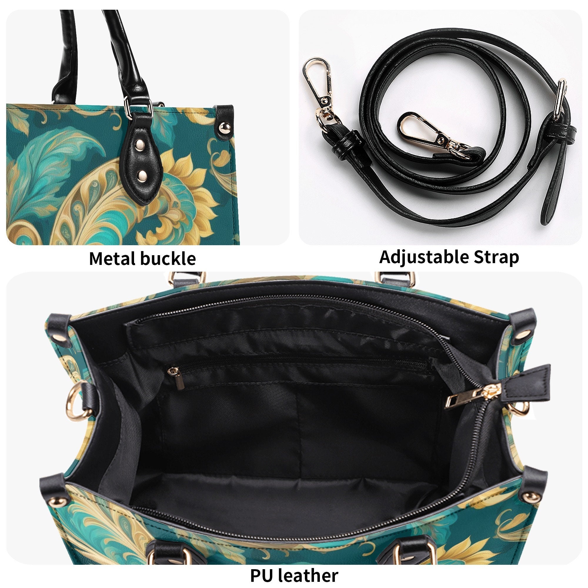 Turquoise Tapestry Paisley Tote Purse, Blue Green Unique Abstract Handbag Vegan Leather